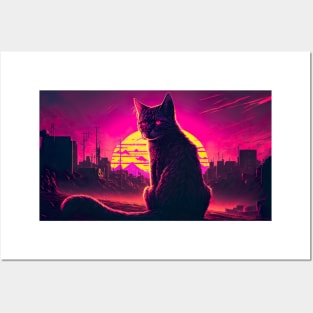 Stray Cat Watching Synthwave Sunset In Apocalyptic City Posters and Art